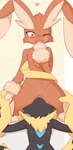 absurd_res ancesra anthro arm_tuft big_ears brown_body brown_fur duo felid female female/female flat_chested fur generation_4_pokemon generation_7_pokemon genitals heart_symbol hi_res lagomorph legendary_pokemon long_ears lopunny mammal nintendo nipples one_eye_closed pokemon pokemon_(species) pussy smile tongue tongue_out tuft wrist_tuft zeraora