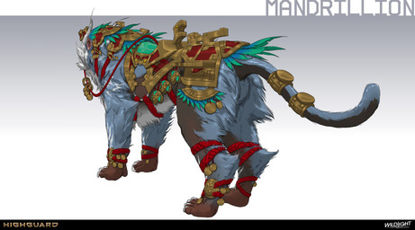4_toes accessory ambiguous_feral ambiguous_gender black_tail blue_body blue_fur blue_tail brown_body brown_feet brown_fur claws clothing company_name feet feral fur furgonomics headgear headwear horn jewelry light long_tail markings multicolored_body multicolored_fur paws quadruped red_anklet red_clothing red_headwear reins ring saddle simple_background solo standing tail tail_accessory tail_jewelry tail_ring text three-quarter_view toe_claws toes two_tone_tail white_claws white_markings nicholas_patrick_kelana highguard_(game) felid haplorhine mammal mandrillion_(highguard) monkey old_world_monkey primate 2026 absurd_res colored concept_art digital_drawing_(artwork) digital_media_(artwork) english_description english_text hi_res lighting official_art shaded