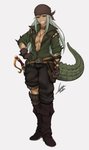 abs boots bottomwear breasts clothing ear_piercing female footwear green_body green_hair green_scales hair jewelry kerchief melee_weapon muscular muscular_female necklace pants piercing pirate scales shirt shoes solo sword topwear weapon yellow_eyes airisubaka animal_humanoid crocodilian crocodilian_humanoid humanoid reptile reptile_humanoid scalie scalie_humanoid 2019 hi_res