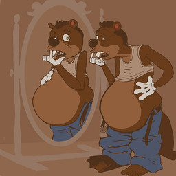 anthro beaver_tail belly big_belly buckteeth cartoon_gloves clothing male male/male sagging_pants solo species_transformation teeth toonification toony toony_expression topwear transformation vest swatcher beaver mammal rodent 1:1 digital_drawing_(artwork) digital_media_(artwork)