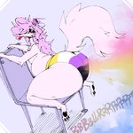 anthro big_butt butt chair clothing ear_piercing fart fart_cloud fart_fetish fur furniture hair kneeling lgbt_pride long_hair male mostly_nude multicolored_clothing multicolored_panties multicolored_underwear nonbinary_pride_colors onomatopoeia overweight overweight_anthro overweight_male panties pawpads piercing pride_color_clothing pride_color_panties pride_color_underwear pride_colors simple_background solo sound_effects text thick_thighs tongue tongue_out underwear wide_hips lavender_lily michael_(lavender_lily) arctic_fox canid canine fox mammal true_fox 1:1 2023 colored hi_res nonbinary_(lore)