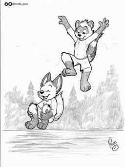 anthro bottomwear clothed clothing duo glistening glistening_eyes gloves_(marking) happy jumping leg_markings logo male markings open_mouth open_smile outside plant shorts smile socks_(marking) striped_markings striped_tail stripes tail tail_markings topless tree young young_anthro young_male pandapaco art_(pandapaco) biro_(pandapaco) bear canid canine giant_panda mammal artist_logo monochrome signature