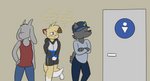 2018 absurd_res anthro bathroom black_body black_fur blue_eyes blush bodily_fluids bottomwear bovid canid canine canis caprine clothed clothing crossed_arms desperation domestic_cat domestic_dog english_text faceless_character felid feline felis front_view fully_clothed fur goat group hand_on_hip hat headgear headwear hi_res holding_crotch hoodie lineup male mammal multicolored_body multicolored_fur omorashi one_eye_closed pants potty_dance queue ritz_(ritzcat) ritzcat shirt shorts so_close_yet_so_far solo_focus sweat sweatdrop tail tail_between_legs tank_top text thought_bubble topwear two_tone_body two_tone_fur white_body white_fur yellow_body yellow_fur