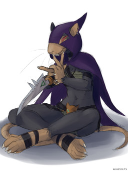 anthro black_body black_fur cape claws clothed clothing dagger ear_piercing female fur holding_object holding_weapon hood melee_weapon partially_clothed piercing red_eyes simple_background sitting solo teeth weapon wraps sealer4258 warhammer_(franchise) warhammer_fantasy tueetch_ambersnout mammal murid murine rat rodent skaven hi_res