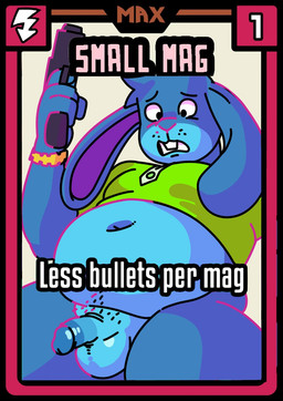 anthro bottomless card_template clothed clothing genitals gun holding_gun holding_object holding_ranged_weapon holding_weapon male overweight overweight_male penis ranged_weapon small_penis solo style_emulation weapon unknown_artist friends_vs_friends lagomorph leporid mammal rabbit hi_res source_request