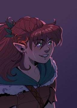 bangs black_eyebrows brown_clothing brown_hair brown_topwear button_(fastener) cheek_scar cloak clothed clothed_female clothed_humanoid clothing druid ear_piercing ear_ring eye_through_hair eyebrow_through_hair eyebrows facial_scar female female_humanoid fur_trim_(clothing) fur_trim_cloak green_cloak green_clothing green_eyes green_pupils hair head_accessory humanoid_pointy_ears leaf light lips long_hair magic_user not_furry piercing pointy_ears pupils purple_background ring_piercing scar simple_background solo tan_body tan_lips tan_skin toothy_grin topwear translucent translucent_hair tribal_spellcaster thedustyleaves dungeons_and_dragons hasbro oxventure wizards_of_the_coast merilwen elf humanoid wood_elf 2020 absurd_res bust_portrait colored digital_drawing_(artwork) digital_media_(artwork) english_description hi_res huge_filesize lighting portrait shaded
