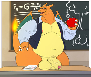 anthro apple balls belly big_balls big_belly big_penis bottomless bottomless_male chalkboard classroom clothed clothing eyewear fangs fire flaming_tail food foreskin fruit genitals glasses green_eyes holding_apple holding_food holding_fruit holding_object huge_balls humanoid_genitalia humanoid_penis looking_at_viewer male math moobs navel obese obese_anthro obese_male open_clothing open_topwear orange_body orange_scales overweight overweight_anthro overweight_male penis plant professor rectangular_glasses scales school solo tail teacher teeth thick_penis thick_tail thick_thighs topwear wearing_glasses ben300 mythology nintendo pokemon charizard dragon generation_1_pokemon mythological_creature mythological_scalie pokemon_(species) scalie hi_res