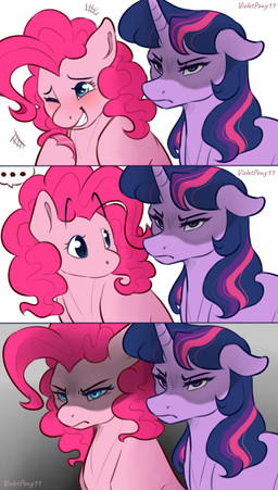 blush curly_hair duo ellipsis female feral hair horn laugh serious_face simple_background smile violetpony11 friendship_is_magic hasbro my_little_pony mythology unamused_friend_comic_(meme) pinkie_pie_(mlp) twilight_sparkle_(mlp) earth_pony equid equine horse mammal mythological_creature mythological_equine pony unicorn absurd_res comic hi_res meme