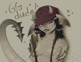 black_hair breasts brown_clothing brown_hat brown_headwear clothing eyelashes facial_piercing female flat_cap front_view grey_background grey_body grey_horn hair hat headgear headwear heart_symbol horn humanoid_pointy_ears looking_at_viewer nipples nose_piercing nose_ring one_eye_closed piercing pointy_ears pupils ring_piercing short_hair simple_background slit_pupils small_breasts solo suspenders text wink winking_at_viewer yellow_eyes onsele deadlock_(game) valve ivy_(deadlock) gargoyle humanoid hi_res