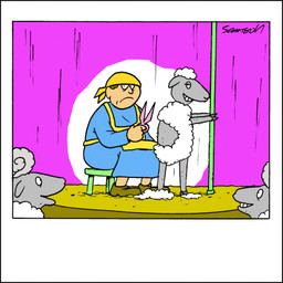 ambiguous_gender black_border border clothing footwear frown furniture group humor naughty_face pole shoes smile stool stripper_pole suggestive what samson_(cartoonist) bovid caprine domestic_sheep human mammal sheep 1:1 comic low_res
