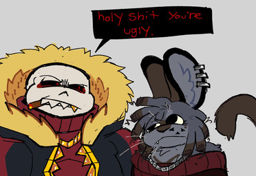 ambiguous_gender anthro big_ears big_pupils bone cigar clothing dipstick_hair duo ear_piercing ear_ring fangs fur gold_(metal) gold_jewelry gold_necklace gold_tooth grey_body grey_fur grey_hair hair hoodie jewelry long_tail looking_at_another narrowed_eyes necklace piercing pupils red_eyes ring_piercing sharp_teeth short_hair simple_background skeleton slightly_chubby smoking smoking_cigar speech_bubble sweater tail teeth text topwear whisker_spots whiskers cabbitdork sans_(underfell) unnamed_character lagomorph mammal digital_drawing_(artwork) digital_media_(artwork) english_text hi_res