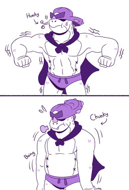 abs anthro belly biceps bodily_fluids breath briefs cape clothed clothing hat headgear headwear holding_breath horn lifeguard male motion_lines musclegut muscular muscular_male onomatopoeia overweight pecs solo sound_effects sweat text topless underwear glamstar_clown brawl_stars supercell_(company) pierce_(brawl_stars) dinosaur prehistoric_species reptile scalie comic english_text hi_res