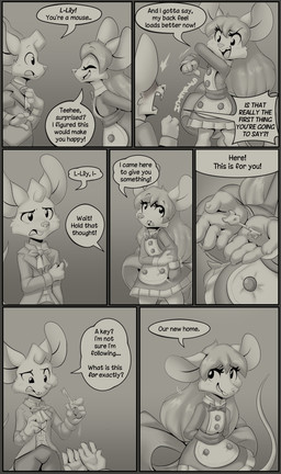 4_fingers anthro apron blush blush_lines border bow_accessory bow_ribbon bow_tie buckteeth claws clothed clothed_anthro clothed_female clothed_male clothing duo eyebrows eyelashes female finger_claws fingers flustered fully_clothed fully_clothed_anthro fully_clothed_female fully_clothed_male grey_border hair key long_hair maid_uniform male mouse_tail pockets stretching teeth text uniform muhny lily_(muhny) lyle_(muhny) mammal mouse murid murine rodent black_and_white comic english_text hi_res monochrome