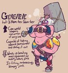 2022 anthro big_breasts blush bodily_fluids breasts clothed clothing domestic_pig embarrassed english_text eyewear female gameplay_mechanics genevieve_susalee glasses hair hammer jinti_(artist) mammal maul skimpy solo suid suina sus_(pig) sweat text thick_thighs tools