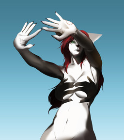5_fingers anthro arm_tuft bite_mark breasts convenient_censorship eyebrows eyelashes female fingers front_view fur green_eyes grey_body grey_fur hair half-closed_eyes long_hair looking_at_viewer multicolored_body multicolored_fur narrowed_eyes nude nude_anthro nude_female pose red_hair shadow shadow_censorship simple_background sky solo standing teeth tuft white_body white_fur moiidesho shadow_hands_challenge suki_(moiidesho) canid canine fox mammal absurd_res hi_res meme