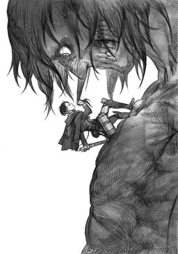 duo exposed_teeth hair holding_hair macro omni-directional_mobility_gear stare survey_corps touching_hair wrinkled_nose prema-ja attack_on_titan eren_jaeger levi_ackerman human humanoid mammal titan_(attack_on_titan) 2015 greyscale monochrome young_(lore)