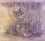 anthro chest_tuft clothed clothing forest fully_clothed male outside plant sitting solo tail text tree tuft whiskers tracy_j._butler lackadaisy rocky_rickaby domestic_cat felid feline felis mammal monochrome url