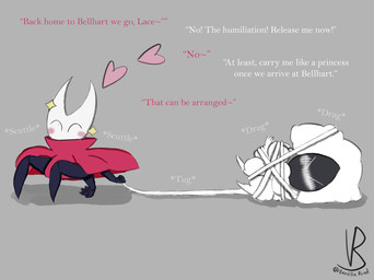 >_< anthro arthropod_webbing blush bound cloak cloak_only clothing crawling dialogue dragged dragged_away dragging dragging_another duo eyes_closed female female/female happy heart_symbol simple_background text vanilla_road hollow_knight:_silksong hollow_knight_(franchise) team_cherry hornet_(hollow_knight) lace_(hollow_knight:_silksong) arachnid arthropod insect spider worm comic hi_res