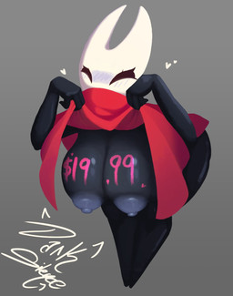 anthro areola bent_over big_breasts black_body black_eyes body_writing breasts cloak cloak_lift cloak_only clothed clothing clothing_lift empty_eyes eyelashes featureless_feet feet female front_view grey_areola grey_background grey_nipples heart_symbol huge_breasts nipples red_cloak red_clothing simple_background solo thick_thighs white_body wide_hips writing_on_breasts darksilence_art hollow_knight_(franchise) team_cherry hornet_(hollow_knight) arthropod insect hi_res