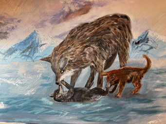 ambiguous_gender detailed_background feral group mountainside parenting realistic trio winter ruirik canid canine canis mammal wolf 4:3 detailed oil_painting_(artwork) painting_(artwork) traditional_media_(artwork) traditional_painting_(artwork) parent_(lore) parent_and_child_(lore)