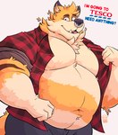 2024 anthro belly big_belly big_muscles bottomwear canid canine clothed clothing ear_piercing english_text eyebrows facial_piercing flannel flannel_shirt fox fur hi_res looking_at_viewer male mammal moobs musclegut muscular muscular_anthro muscular_male navel nose_piercing nose_ring open_clothing open_shirt open_topwear overweight overweight_anthro overweight_male pants pecs piercing reaction_image ring_piercing shirt simple_background skai smile solo standing stompsyeen talking_to_viewer teeth tesco text topwear tuft white_background