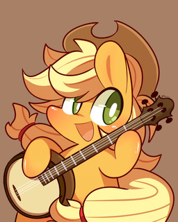 banjo_(instrument) blonde_hair chibi clothing cowboy_hat female fur green_eyes hair hat headgear headwear musical_instrument orange_body orange_fur plucked_string_instrument solo string_instrument mackinn7 friendship_is_magic hasbro my_little_pony applejack_(mlp) earth_pony equid equine horse mammal pony 2014 4:5