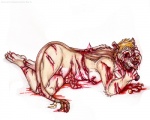 blonde_hair blood blood_pool bodily_fluids disembowelment empty_eye_socket female gore gore_focus guts hair intestines mutilation organs self-harm short_hair simple_background solo tail unsocketed_eye white_background banka felid lion mammal pantherine 2009 5:4