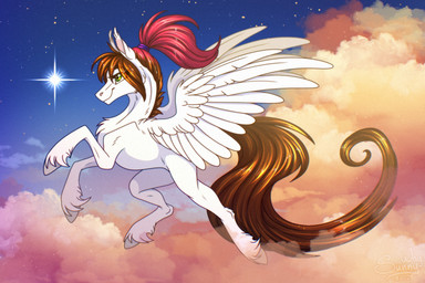 detailed_background feathers female fluffy fluffy_chest fluffy_ears flying fur hair hooves multicolored_hair ponytail sky smile solo spread_wings star two_tone_hair white_body wings sunny_way hasbro my_little_pony mythology sunny_way_(character) equid equine horse mammal mythological_creature mythological_equine pegasus pony full-length_portrait hi_res portrait
