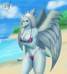 anthro arm_feathers arm_under_breasts beach big_breasts bikini blue_body blue_scales bone_frill breasts cleavage clenched_teeth clothed clothing cloud elbow_feathers feathered_wings feathers female frill_(anatomy) grey_body grey_feathers head_crest head_frill looking_at_viewer markings navel outside purple_bikini purple_clothing purple_swimwear scales sea seaside short_tail sky snout solo spikes standing string_bikini striped_frill striped_markings striped_tail stripes swimwear tail tail_markings teeth two-piece_swimsuit water wings beltimerperbus cavemanon_studios goodbye_volcano_high snoot_game fang_(gvh) prehistoric_species pterodactylus pterosaur reptile scalie colored hi_res