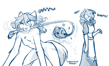 all_fours anthro apron attack behaving_like_a_dog breasts casual_nudity chest_tuft cleaning_tool clothed clothing dialogue duo featureless_breasts female growling hair hair_over_eye humor maid_uniform nude object_in_mouth one_eye_obstructed open_mouth simple_background small_breasts text tuft uniform vacuum_cleaner white_background yelling conditional_dnp tom_fischbach twokinds roselyn_(twokinds) saria_legacy canid canine canis human keidran mammal wolf 2022 adobe_photoshop_(artwork) blue_and_white digital_media_(artwork) english_text hi_res monochrome sketch