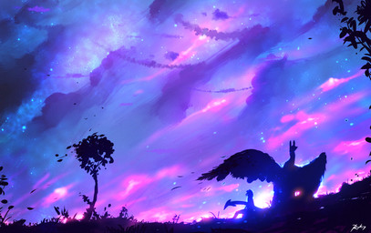 ambiguous_gender detailed_background duo feathered_wings feathers feral grass outside plant sky sunset tail wings ryky mythology dragon human mammal mythological_creature mythological_scalie scalie 2016 digital_media_(artwork)