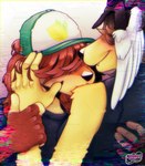 ambiguous/ambiguous ambiguous_gender black_nose blush brown_hair clothing fingerless_gloves food fruit fur gloves hair handwear hat headgear headwear kissing lemon plant vhs_filter yellow_body yellow_fur xpuppykittyzx canid canine canis domestic_dog mammal hi_res