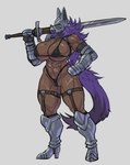 abs armor big_breasts bikini boots breasts brown_body brown_skin clothing deltoids female footwear furgonomics genitals hair headgear helmet high_heeled_boots high_heels huge_breasts melee_weapon micro_bikini muscular muscular_female purple_hair purple_tail pussy pussy_floss quads scar shoes solo swimwear sword tail two-piece_swimsuit weapon hutago animal_humanoid humanoid mammal mammal_humanoid 2023 absurd_res hi_res