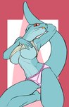 anthro big_breasts breasts clothed clothing female fingers green_body hand_behind_head kneeling looking_at_viewer non-mammal_breasts panties pose red_sclera skimpy solo tongue tongue_out under_boob underwear f_draws dina_(f_draws) gecko lizard reptile scalie hi_res