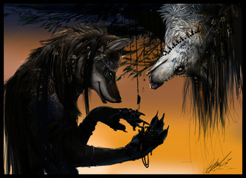 4_claws 4_fingers accessory ambiguous_gender anthro beads biped black_body black_border black_claws black_face black_fur black_hair black_nose black_pawpads border bracelet branch brown_body brown_fur brown_hair claws dark_body dark_border dark_claws dark_fur dark_hair dark_pupils detailed_fur digit_ring duo finger_claws finger_ring fingers flower flower_in_hair fur grey_body grey_ears grey_face grey_fur grey_inner_ear hair hair_accessory hair_beads hand_jewelry in_tree jewelry long_hair looking_at_another male monotone_hair monotone_inner_ear multicolored_body multicolored_face multicolored_fur necklace no_sclera pawpads photorealism pink_nose plant pointy_ears prick_ears pupils realistic ring ring_(jewelry) side_view sky snout tassels tattoo tree tribal upside_down white_body white_face white_fur year yellow_eyes yellow_sky simul canid canine canis mammal wolf 2007 dated detailed restricted_palette signature unavailable_at_source