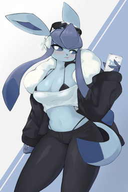 accessory alternative_fashion amekaji anthro anthrofied biped black_bottomwear black_clothing black_jacket black_pants black_topwear blep blue_background blue_body blue_ears blue_fur blue_hair blue_nails blue_nose blue_sclera blue_tail blush bottomwear bow_(feature) bow_accessory bow_ribbon breasts cellphone cleavage clothed clothing colored_nails crop_top dipstick_tail electronics eyelashes eyewear eyewear_on_head female female_anthro fingers front_view fully_clothed fur fur_jacket fur_trim_(clothing) gyaru hair hair_accessory hair_bow hair_ribbon holding_cellphone holding_object holding_phone holding_smartphone humanoid_hands j-fashion jacket kemono long_hair looking_at_viewer markings medium_breasts midriff nails navel off_shoulder open_clothing open_jacket open_topwear pants phone pigtails pokemorph ribbons shirt simple_background slim smartphone solo standing sunglasses sunglasses_on_head tail tail_markings thong_straps three-quarter_view tongue tongue_out topwear white_background white_bow white_eyes yoru_vida nintendo pokemon eeveelution generation_4_pokemon glaceon mammal pokemon_(species) 2022 absurd_res colored digital_media_(artwork) hi_res portrait shaded three-quarter_portrait