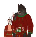 ambiguous_gender antennae_(anatomy) anthro beer_mug brown_body brown_exoskeleton brown_skin candy_cane_in_mouth clothing duo exoskeleton facial_stripes holding_beer_mug multi_arm multi_eye multi_limb multicolored_clothing purple_eyes simple_background spiracles ugly_christmas_sweater white_background white_body white_skin yellow_eyes ramul arq_(ramul) zekra_(ramul) alien arthropod idrath serkanian hi_res