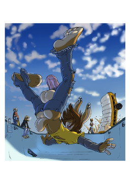 anthro balls barefoot blue_sky border bottomwear bottomwear_down bus butt butt_cleavage clothed clothing commercial_vehicle denim denim_bottomwear denim_clothing destruction ear_piercing falling feet genitals group hair hat headgear headwear humanoid_genitalia humanoid_penis jeans macro male pants pants_down partially_clothed penis piercing public_transportation shirt skateboard skateboarding skater sky t-shirt topwear torn_bottomwear torn_clothing torn_jeans torn_pants vehicle vehicle_destruction vehicle_for_hire wardrobe_malfunction white_balls white_border gideon grind_(gideon) lagomorph leporid mammal rabbit 2017 hi_res