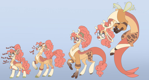 blush buckteeth curly_hair dialogue exclamation_point eyewear female feral flying glasses gradient_background growth hair hooves horn horn_growth markings motion_lines pink_hair simple_background solo species_transformation spots spotted_markings tail tail_growth teeth teeth_expansion transformation transformation_sequence wearing_glasses wing_growth wings atcpony hasbro my_little_pony chimera draconequus equid equine horse mammal pony hi_res