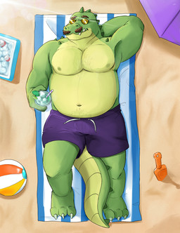 anthro ball beach beach_ball beach_towel body_hair clothed clothing cooler eyewear facial_hair glasses green_body green_scales inflatable lying male mojito_(cocktail) mustache nipples non-mammal_nipples on_back purple_clothing sand scales slightly_chubby solo summer swimming_trunks swimwear tail topless towel wearing_glasses saiper bubi alligator alligatorid crocodilian reptile scalie absurd_res hi_res