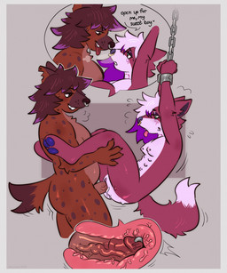 anthro arms_above_head barbell_piercing belly_nipples bite_mark bite_mark_on_neck bodily_fluids border breasts breath brown_eyes brown_hair chain dialogue dipstick_tail duo ear_piercing ear_stud eye_contact facial_piercing female fur genital_piercing genitals gold_piercing green_eyes grey_border gynomorph hair humanoid_genitalia humanoid_penis internal internal_vaginal intersex looking_at_another looking_pleasured markings multi_nipple nipple_barbell nipple_piercing nipples nose_piercing nose_ring notched_ear penetration penile penile_penetration penis penis_in_vagina penis_piercing piercing prince_albert_piercing purple_hair_tips red_body red_fur restrained ring_piercing speech_bubble spots spotted_body spotted_fur suspension sweat tail tail_markings text tongue vaginal vaginal_penetration vein veiny_penis white_body white_fur white_hair white_tail_tip mazmaven canid canine canis hyena mammal wolf 2026 digital_drawing_(artwork) digital_media_(artwork) english_description english_text hi_res