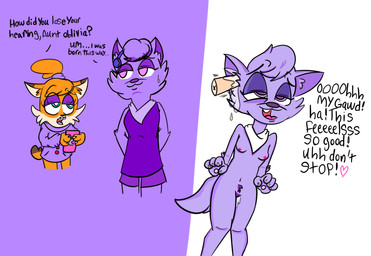 anthro bodily_fluids braces breasts clothing cum cum_inside dress ear_penetration electronics facial_tuft female fur genital_fluids genitals holding_object holding_phone inner_ear_fluff looking_pleasured nipples nude orange_body orange_fur penetration phone purple_body scarf small_breasts solo tail text tuft vaginal_fluids vulva komimoon oblivia_(bubsy) terri_bobcat_(bubsy) bobcat felid feline lynx mammal english_text hi_res