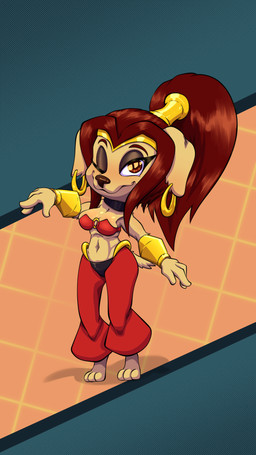 abstract_background anthro belly big_breasts breasts cleavage clothed clothing cosplay costume dancing eyeshadow female gold_(metal) gold_jewelry hair jewelry magic_user makeup navel necromancer paws red_eyes red_hair solo toony turkojar shantae_(series) wayforward anima_(turkojar) bird_dog canid canine canis domestic_dog hunting_dog labrador mammal retriever 9:16 hi_res