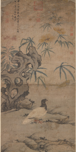ambiguous_feral ambiguous_gender avian_feet beak biped bipedal_feral detailed_background feathered_wings feathers feral flower grass leaf outside plant rock side_view solo standing tail tail_feathers text wings shen_zhou avian bird columbid pigeon 15th_century absurd_res ancient_art chinese_text hi_res painting_(artwork) traditional_media_(artwork) traditional_painting_(artwork)