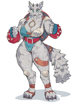 2_horns 3_toes 5_fingers accessory anthro armor armwear barbell_piercing belt biceps big_breasts biped blue_clothing blue_gloves blue_handwear blue_leotard breasts camel_toe chain claws cleavage clothed clothed_anthro clothed_female clothing digitigrade eyebrow_barbell eyebrow_piercing facial_piercing feet female female_anthro finger_claws fingerless_gloves fingers fist footwear furgonomics gloves green_eyes grey_body grey_claws grey_ears grey_horn grey_inner_ear_fluff grey_nose grey_tail grin grinning_at_viewer handwear horn inner_ear_fluff leotard looking_at_viewer muscular muscular_anthro muscular_female nipple_outline paws piercing pointy_ears prick_ears pupils red_armwear red_clothing rock sandals shoes short_horn simple_background small_horn smile smiling_at_viewer snout solo standing tail tail_accessory tail_belt teeth thick_thighs toe_claws toes tuft white_background white_claws white_pupils diforland chizel_brickoall canid canine elemental_creature gargoyle mammal mineral_fauna rock_creature 2026 3:4 absurd_res full-length_portrait hi_res portrait