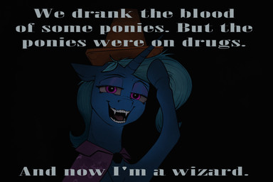 blue_body blue_hair cape clothing dialogue fangs female feral hair hat headgear headwear horn looking_at_viewer purple_eyes solo teeth text traffic_cone stray_prey friendship_is_magic hasbro my_little_pony mythology what_we_do_in_the_shadows trixie_(mlp) equid equine mammal mythological_creature mythological_equine unicorn vampire 3:2 digital_drawing_(artwork) digital_media_(artwork) english_text hi_res