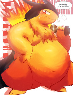 anthro belly big_belly black_body black_fur blush blush_lines bodily_fluids cute_fangs dialogue exercise fangs fire flaming_hair flaming_mane fluffy fur huge_belly light male male_anthro navel obese obese_anthro obese_male overweight overweight_anthro overweight_male pseudo_hair pseudo_mane red_eyes simple_background solo speech_bubble sweat sweatdrop tan_body tan_fur teeth text thick_arms thick_thighs training weightlifting white_background workout felipotyphlosion nintendo pokemon badger generation_2_pokemon mammal mustelid musteline pokemon_(species) typhlosion absurd_res digital_drawing_(artwork) digital_media_(artwork) hi_res lighting
