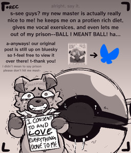 ambiguous_gender belly bodily_fluids camera_view cheek_tuft cum cum_on_face dialogue facial_tuft feral forced_smile genital_fluids gesture hand_gesture holding_object holding_sign male navel neck_tuft pubes_in_mouth pubes_on_face recording scared shaking sharp_teeth sign smile solo sweat teeth text thumbs_up tuft written_consent zlut385 bluesky_(social_media) nintendo pokemon generation_7_pokemon pokemon_(species) rockruff english_text monochrome