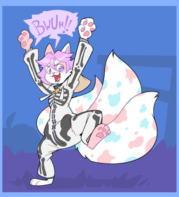 3_tails 3_toes 4_fingers ambiguous_gender anthro black_collar blue_background blue_border blue_spots border clean_diaper clothed clothing collar collar_tag cute_fangs diaper diaper_under_clothing diaper_under_onesie fangs feet fingers fur grass hair hands_above_head holidays markings multi_tail on_one_leg open_mouth open_smile pawpads pink_pawpads plant purple_hair purple_inner_ear purple_nose red_spots simple_background smile solo spots spotted_body spotted_fur spotted_markings spotted_tail standing tail tail_markings teeth toes wearing_diaper white_body white_fur bubblepuppers halloween kaycee_(squishykaycee) domestic_cat felid feline felis mammal absurd_res hi_res