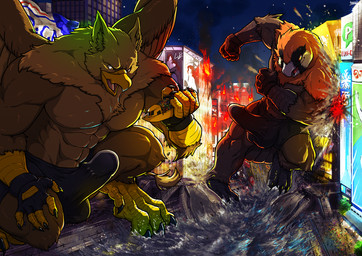 4_toes 5_fingers abs anthro balls balls_outline beak biped boxer_briefs brown_body brown_fur building building_destruction bulge city city_background city_crushing city_destruction cityscape claws clothing destruction detailed_bulge duo erection erection_under_briefs erection_under_clothing extreme_size_difference feathered_wings feathers feet finger_claws fingerless_gloves fingers fire fur genital_outline genitals gloves handwear house light macro macro_anthro macro_male male muscular muscular_anthro muscular_male night nude open_mouth outside pawpads paws pecs rampage river ship size_difference sky smile stomping tail toe_claws toes underwear vehicle vehicle_destruction watercraft wings tatugon mythology carpo sergey_(abiki) accipitrid accipitriform avian bearded_vulture bird gryphon mythological_avian mythological_creature old_world_vulture vulture hi_res